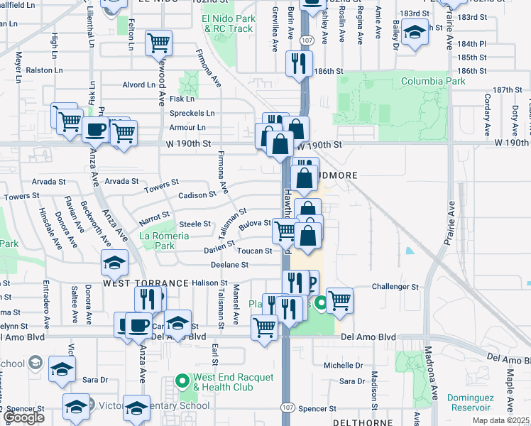 map of restaurants, bars, coffee shops, grocery stores, and more near 4507 Talisman Street in Torrance