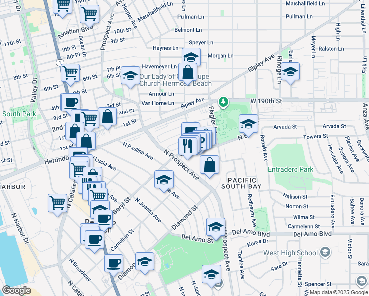 map of restaurants, bars, coffee shops, grocery stores, and more near 1216 Amethyst Street in Redondo Beach
