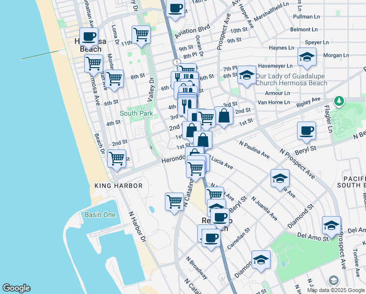 map of restaurants, bars, coffee shops, grocery stores, and more near 621 1st Street in Hermosa Beach