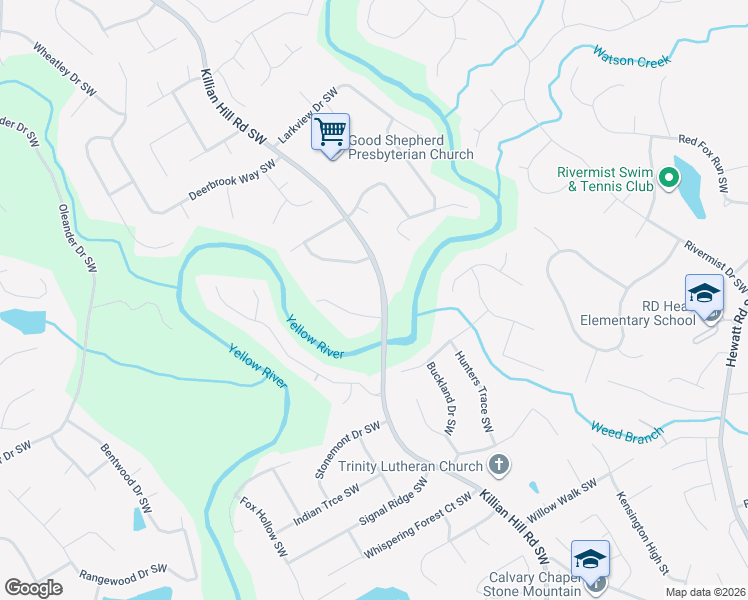 map of restaurants, bars, coffee shops, grocery stores, and more near 1544 Pathfinder Way Southwest in Lilburn