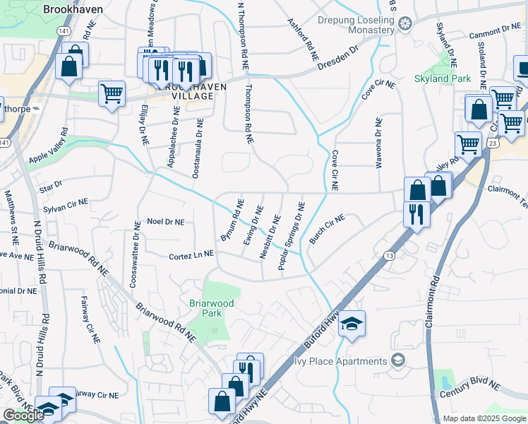 map of restaurants, bars, coffee shops, grocery stores, and more near 2383 Ewing Drive Northeast in Atlanta