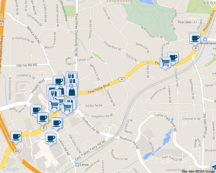 map of restaurants, bars, coffee shops, grocery stores, and more near 3686 Peachtree Road Northeast in Atlanta