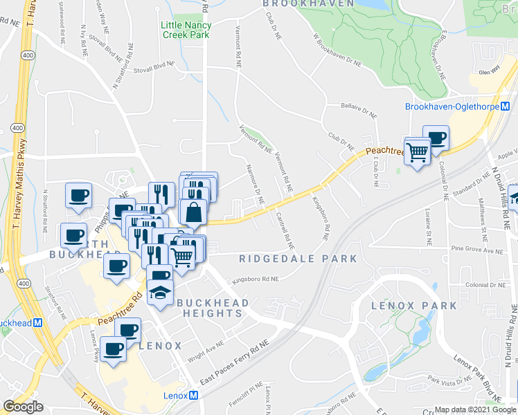 map of restaurants, bars, coffee shops, grocery stores, and more near 3703 Manor Brook Court North East in Atlanta