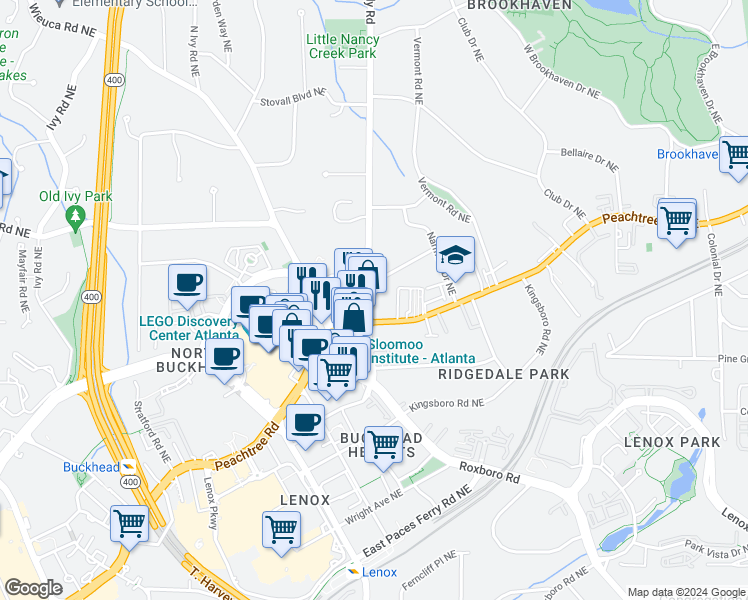 map of restaurants, bars, coffee shops, grocery stores, and more near 3680 Peachtree Dunwoody Road in Atlanta