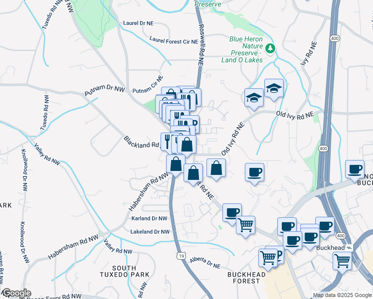 map of restaurants, bars, coffee shops, grocery stores, and more near 50 Old Ivy Road Northeast in Atlanta