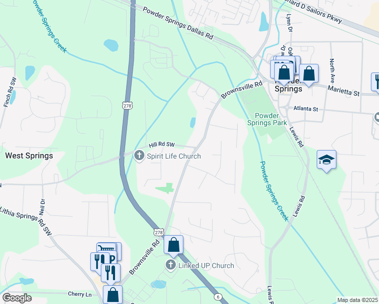 map of restaurants, bars, coffee shops, grocery stores, and more near 4715 Hill Road Southwest in Powder Springs