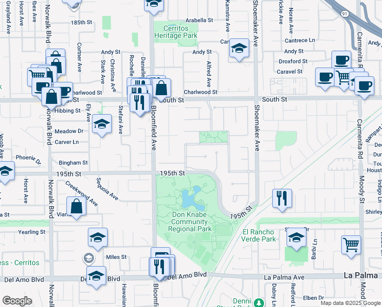 map of restaurants, bars, coffee shops, grocery stores, and more near 12711 Castleford Lane in Cerritos