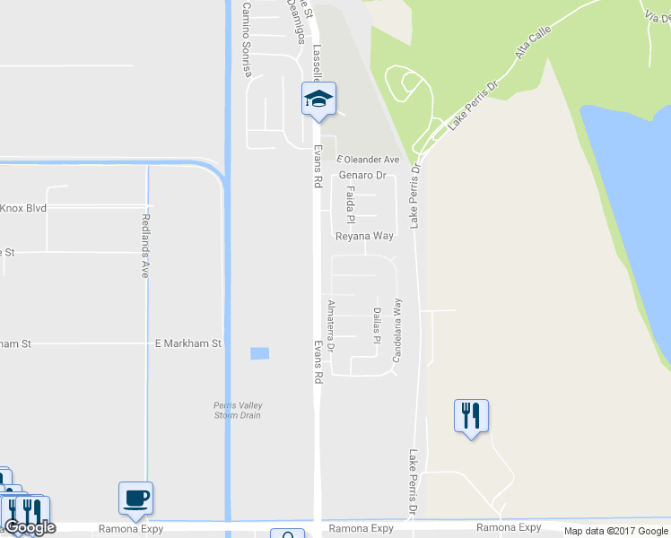 map of restaurants, bars, coffee shops, grocery stores, and more near 820 Volande Court in Perris