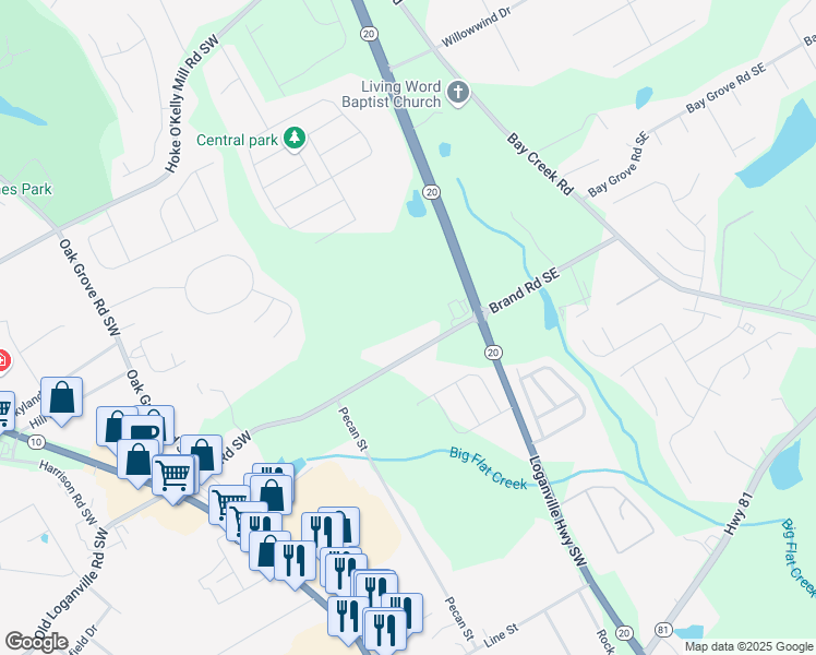 map of restaurants, bars, coffee shops, grocery stores, and more near 305 Brand Road Southwest in Loganville