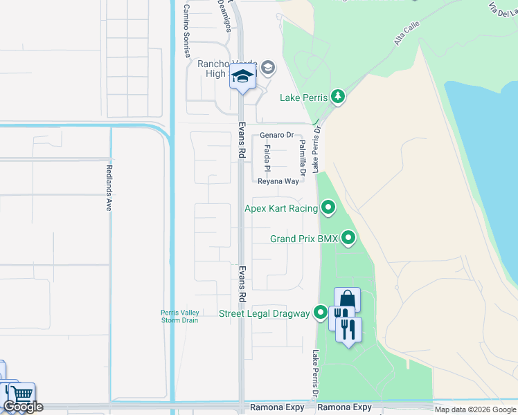 map of restaurants, bars, coffee shops, grocery stores, and more near 826 Volande Court in Perris