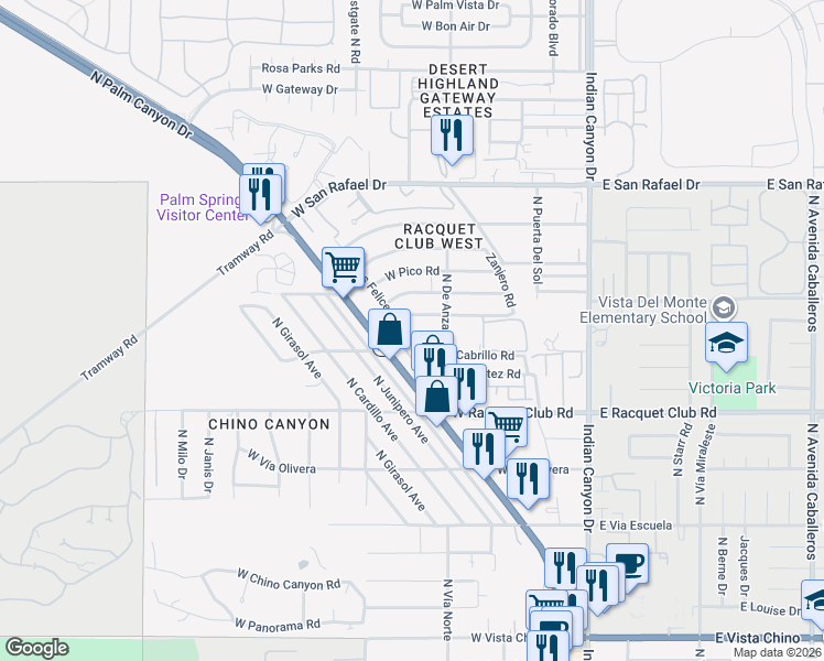 map of restaurants, bars, coffee shops, grocery stores, and more near in Palm Springs