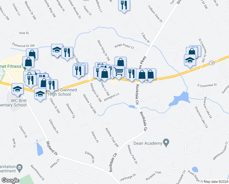 map of restaurants, bars, coffee shops, grocery stores, and more near 2039 Abington Lane in Snellville