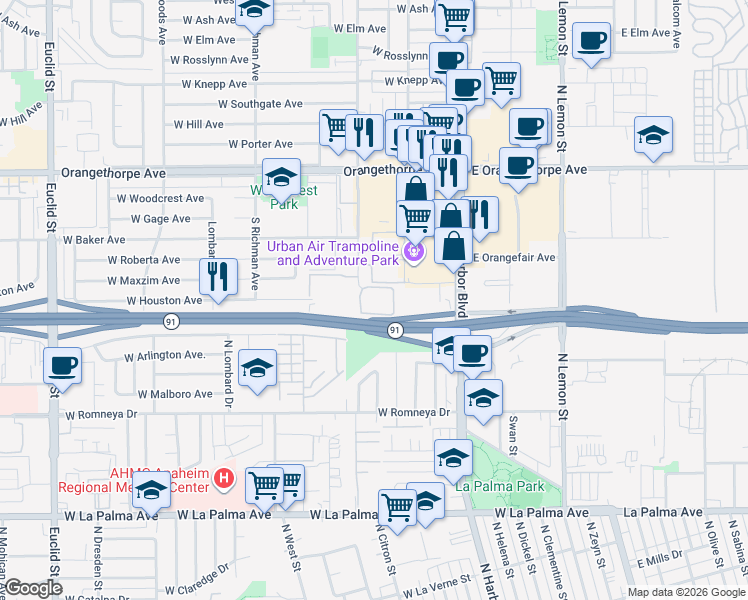 map of restaurants, bars, coffee shops, grocery stores, and more near 1570 South Highland Avenue in Fullerton