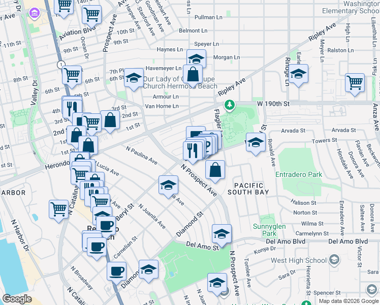 map of restaurants, bars, coffee shops, grocery stores, and more near 1216 Amethyst Street in Redondo Beach
