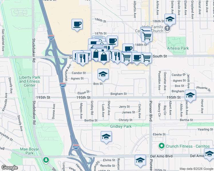 map of restaurants, bars, coffee shops, grocery stores, and more near 11514 Bos Street in Cerritos