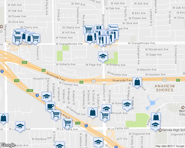 map of restaurants, bars, coffee shops, grocery stores, and more near 1865 West Houston Avenue in Fullerton