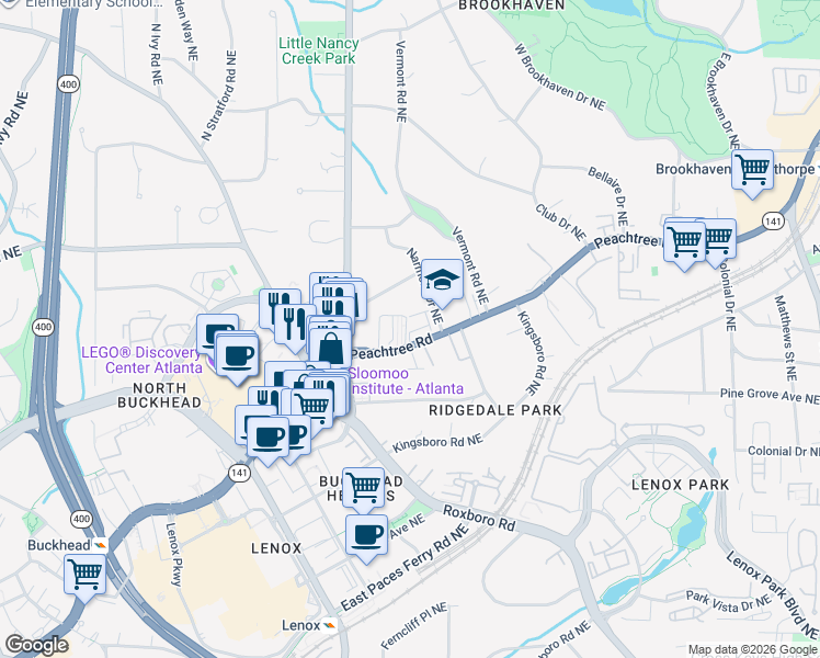 map of restaurants, bars, coffee shops, grocery stores, and more near 3662 Brookhaven Manor Crossing Northeast in Atlanta