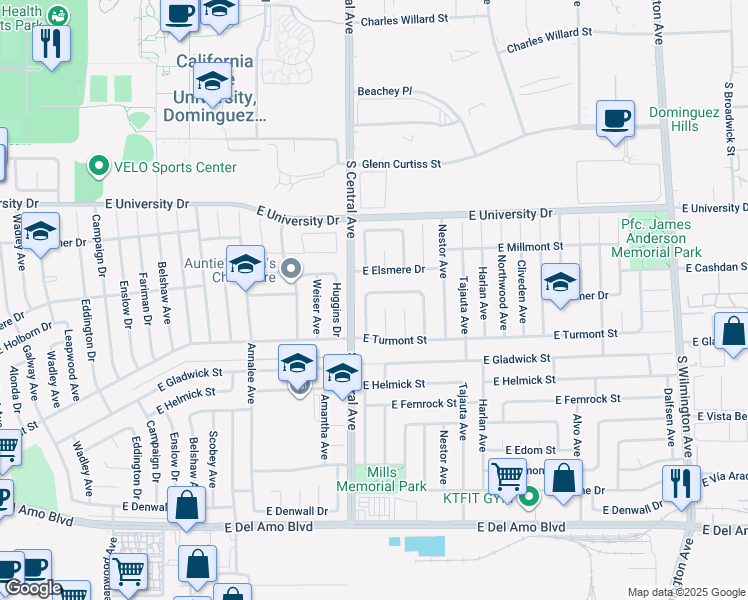 map of restaurants, bars, coffee shops, grocery stores, and more near 1312 East Kramer Drive in Carson