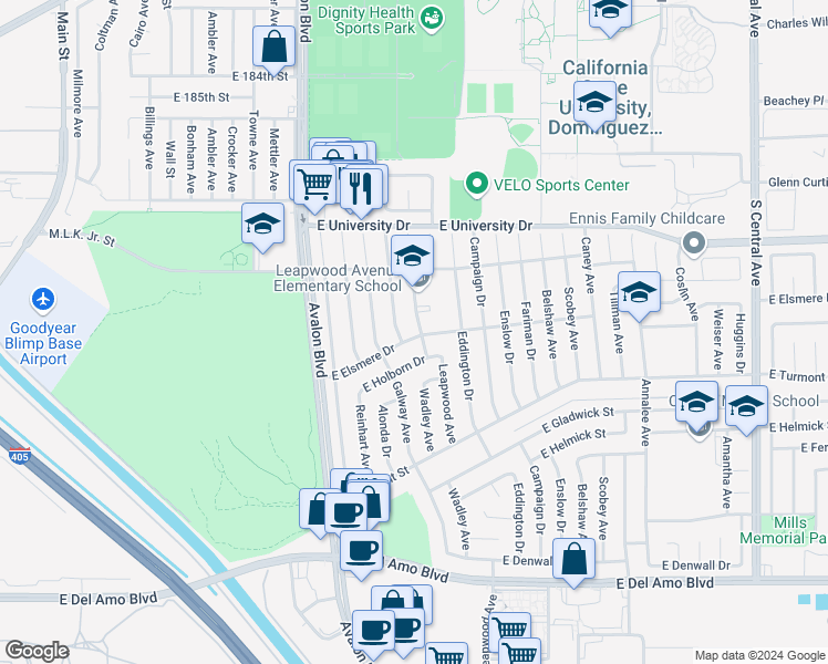 map of restaurants, bars, coffee shops, grocery stores, and more near 19421 Leapwood Avenue in Carson