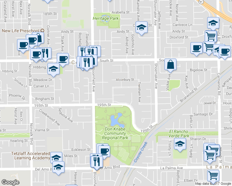 map of restaurants, bars, coffee shops, grocery stores, and more near 12711 Castleford Lane in Cerritos