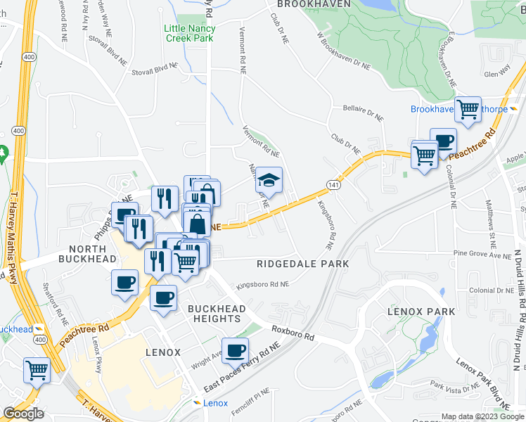 map of restaurants, bars, coffee shops, grocery stores, and more near 3703 Manor Brook Court North East in Atlanta