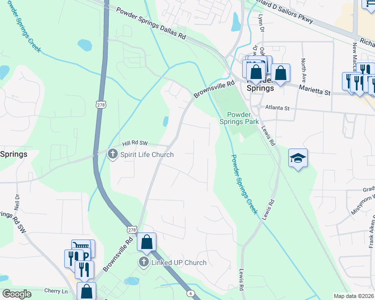 map of restaurants, bars, coffee shops, grocery stores, and more near 4760 Woodcrest Trail in Powder Springs