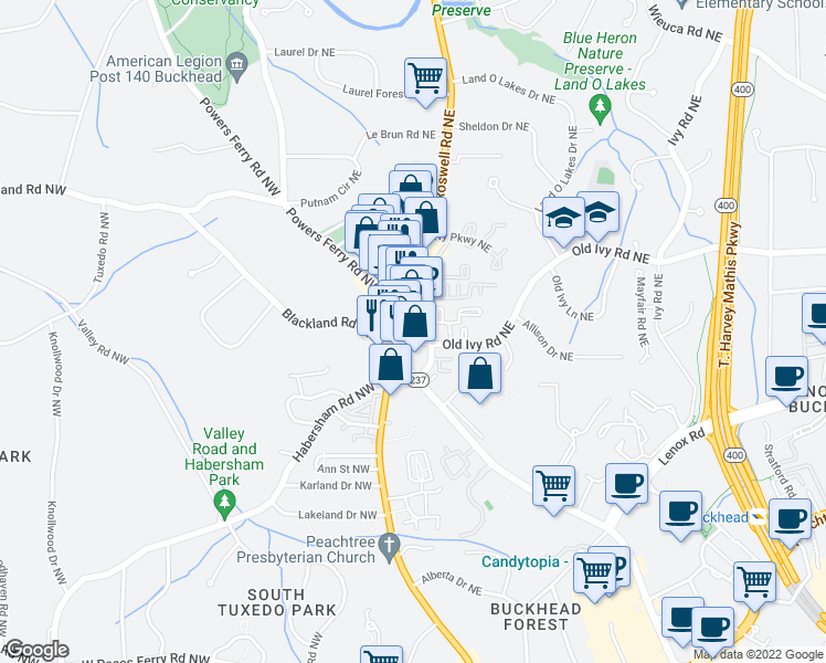 map of restaurants, bars, coffee shops, grocery stores, and more near 50 Old Ivy Road Northeast in Atlanta
