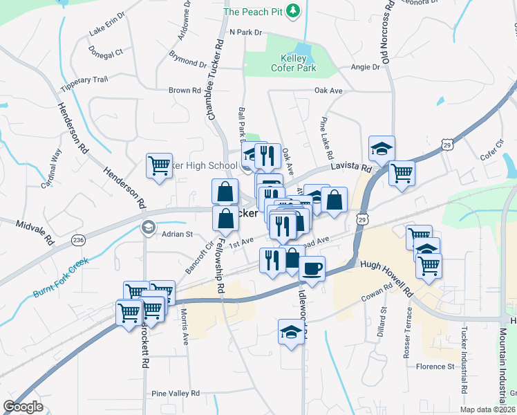 map of restaurants, bars, coffee shops, grocery stores, and more near 5007 Lavista Road in Tucker