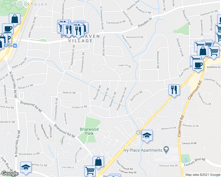 map of restaurants, bars, coffee shops, grocery stores, and more near 2383 Ewing Drive Northeast in Atlanta