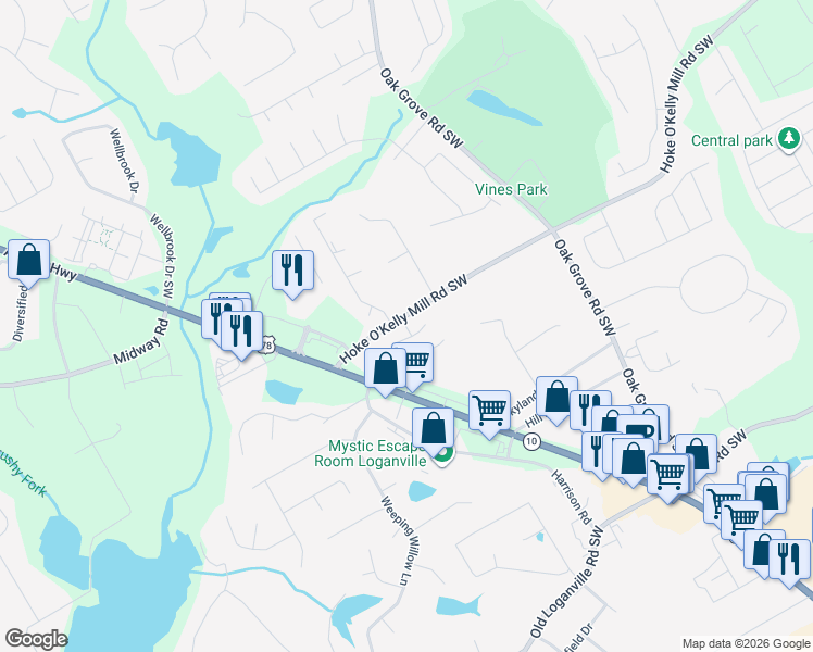 map of restaurants, bars, coffee shops, grocery stores, and more near 3632 Sweet Ashley Lane in Loganville