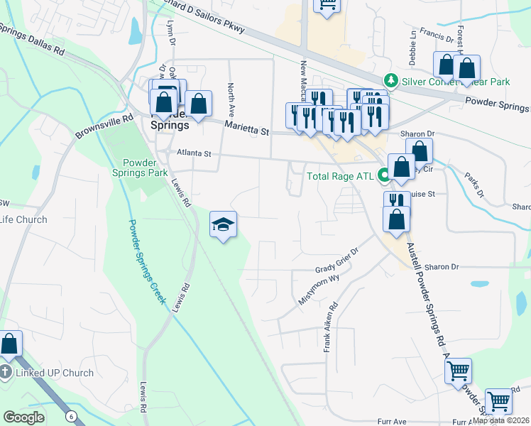 map of restaurants, bars, coffee shops, grocery stores, and more near 4037 Lafayette Drive in Powder Springs