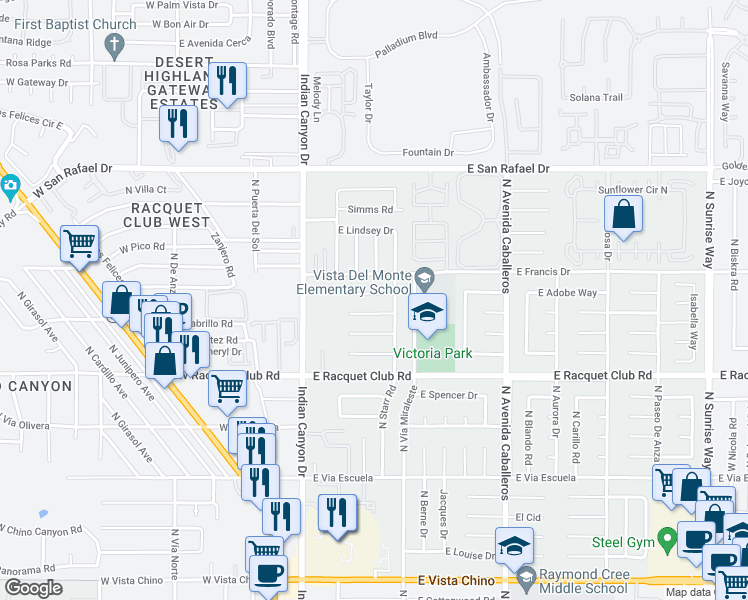 map of restaurants, bars, coffee shops, grocery stores, and more near 489 East Laurel Circle in Palm Springs
