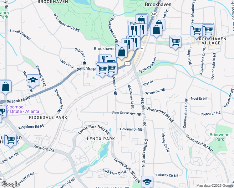 map of restaurants, bars, coffee shops, grocery stores, and more near 2383 Colonial Drive Northeast in Atlanta