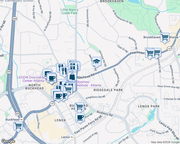 map of restaurants, bars, coffee shops, grocery stores, and more near 3664 Brookhaven Manor Crossing Northeast in Atlanta
