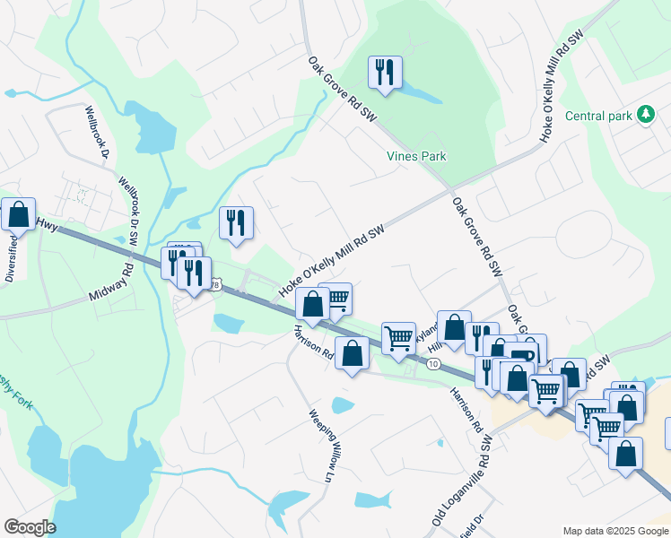 map of restaurants, bars, coffee shops, grocery stores, and more near 3622 Sweet Ashley Lane in Loganville