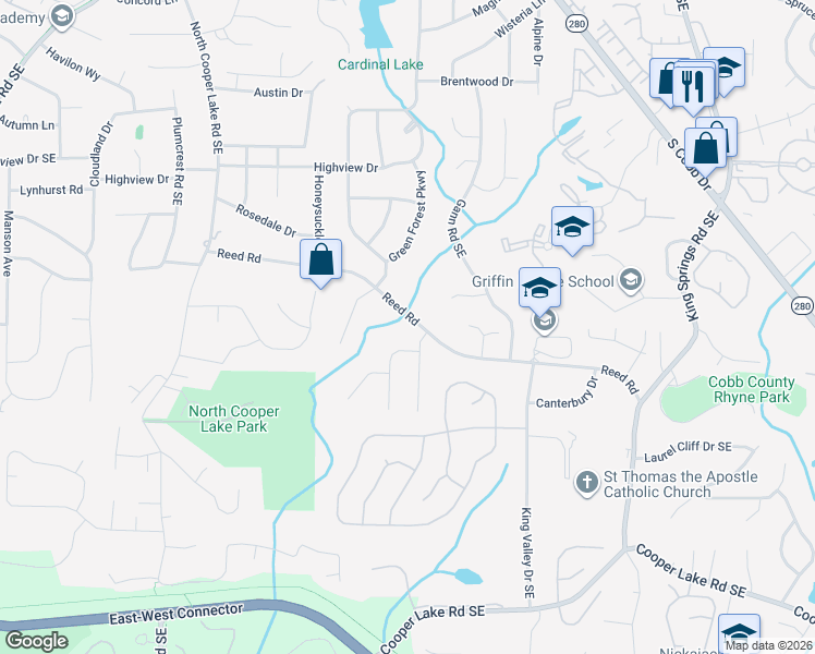map of restaurants, bars, coffee shops, grocery stores, and more near 858 Reed Road in Smyrna
