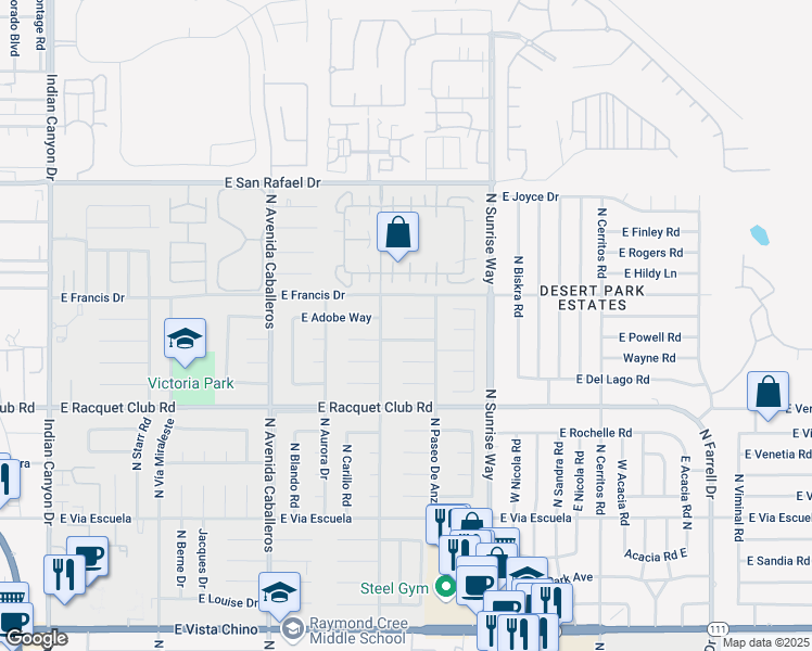 map of restaurants, bars, coffee shops, grocery stores, and more near 1437 East Adobe Way in Palm Springs