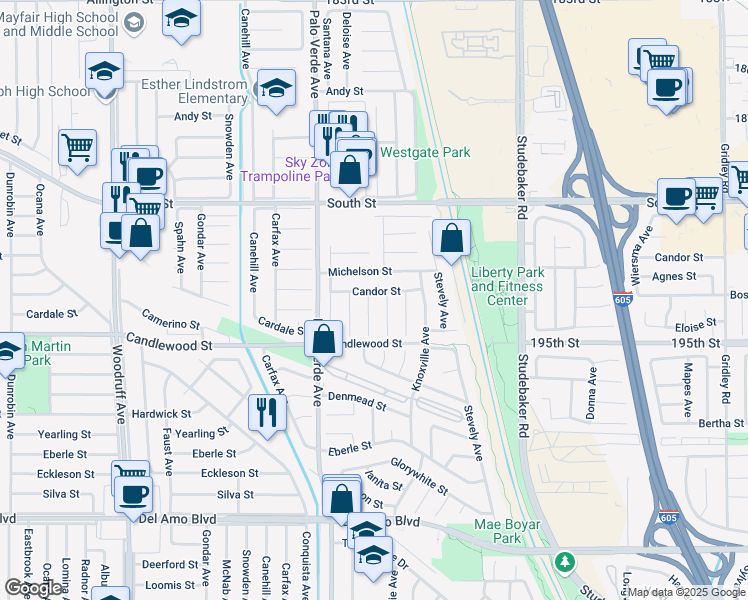 map of restaurants, bars, coffee shops, grocery stores, and more near 5357 Iroquois Avenue in Lakewood