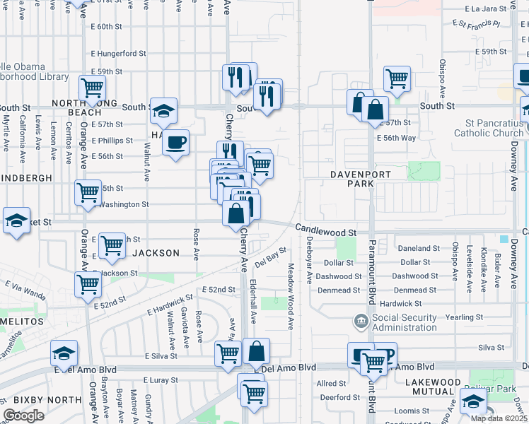map of restaurants, bars, coffee shops, grocery stores, and more near 2201 Market Street in Long Beach