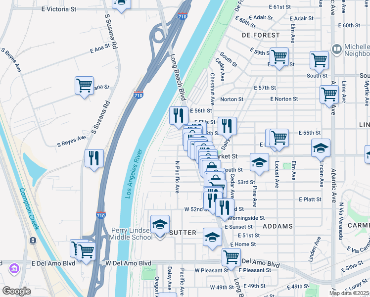 map of restaurants, bars, coffee shops, grocery stores, and more near 60 West Louise Street in Long Beach