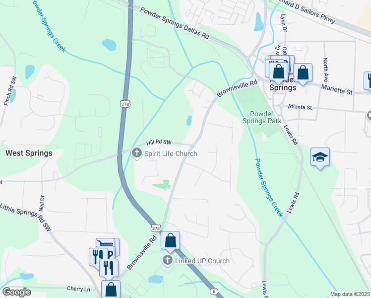 map of restaurants, bars, coffee shops, grocery stores, and more near 4715 Hill Road Southwest in Powder Springs