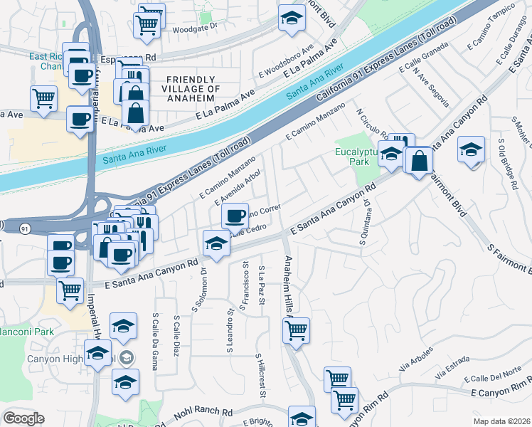 map of restaurants, bars, coffee shops, grocery stores, and more near 6088 East Camino Correr in Anaheim