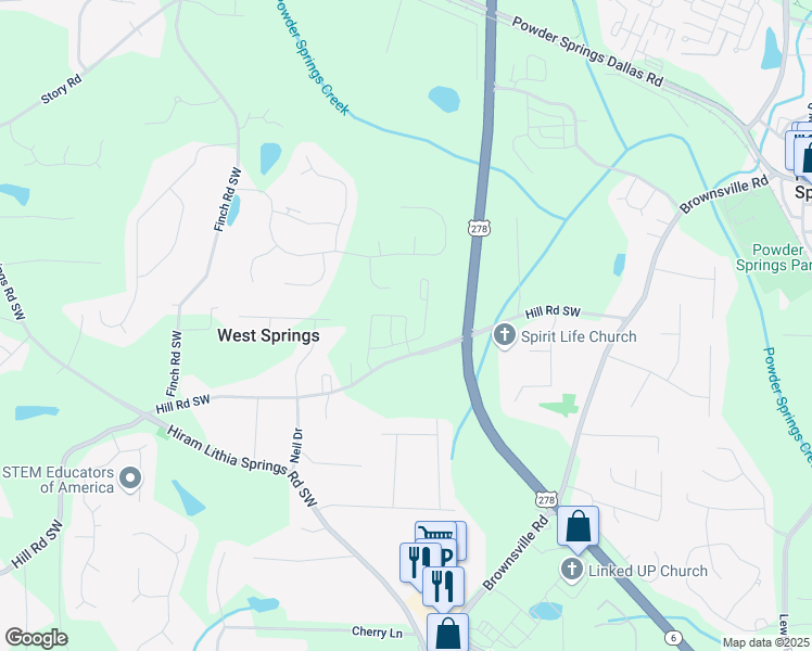 map of restaurants, bars, coffee shops, grocery stores, and more near 4079 Hillmont Lane in Powder Springs