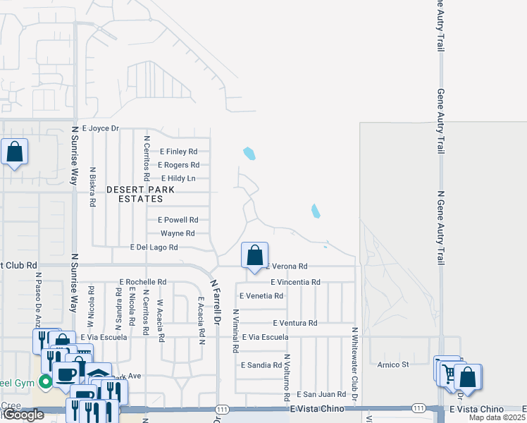 map of restaurants, bars, coffee shops, grocery stores, and more near 2602 North Whitewater Club Drive in Palm Springs