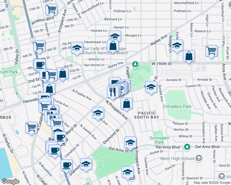 map of restaurants, bars, coffee shops, grocery stores, and more near 1223 Beryl Street in Redondo Beach
