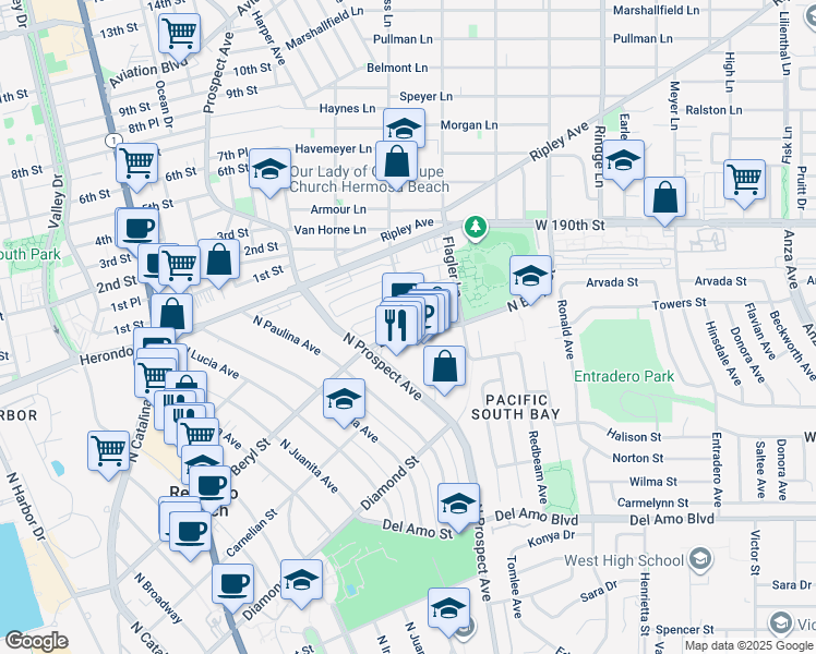 map of restaurants, bars, coffee shops, grocery stores, and more near 1223 Beryl Street in Redondo Beach