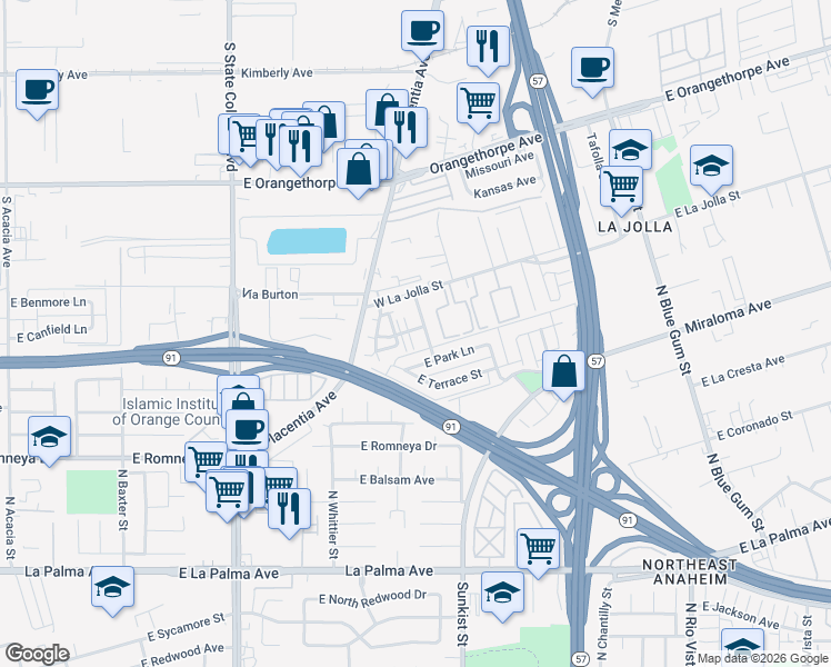 map of restaurants, bars, coffee shops, grocery stores, and more near 906 Easton Street in Placentia