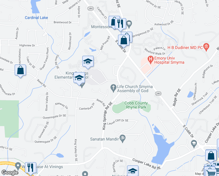 map of restaurants, bars, coffee shops, grocery stores, and more near 1714 Hidden Springs Trace in Smyrna