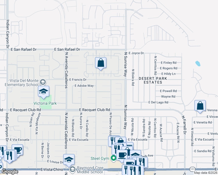 map of restaurants, bars, coffee shops, grocery stores, and more near 1497 East Adobe Way in Palm Springs