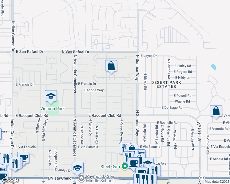 map of restaurants, bars, coffee shops, grocery stores, and more near 1467 East Adobe Way in Palm Springs